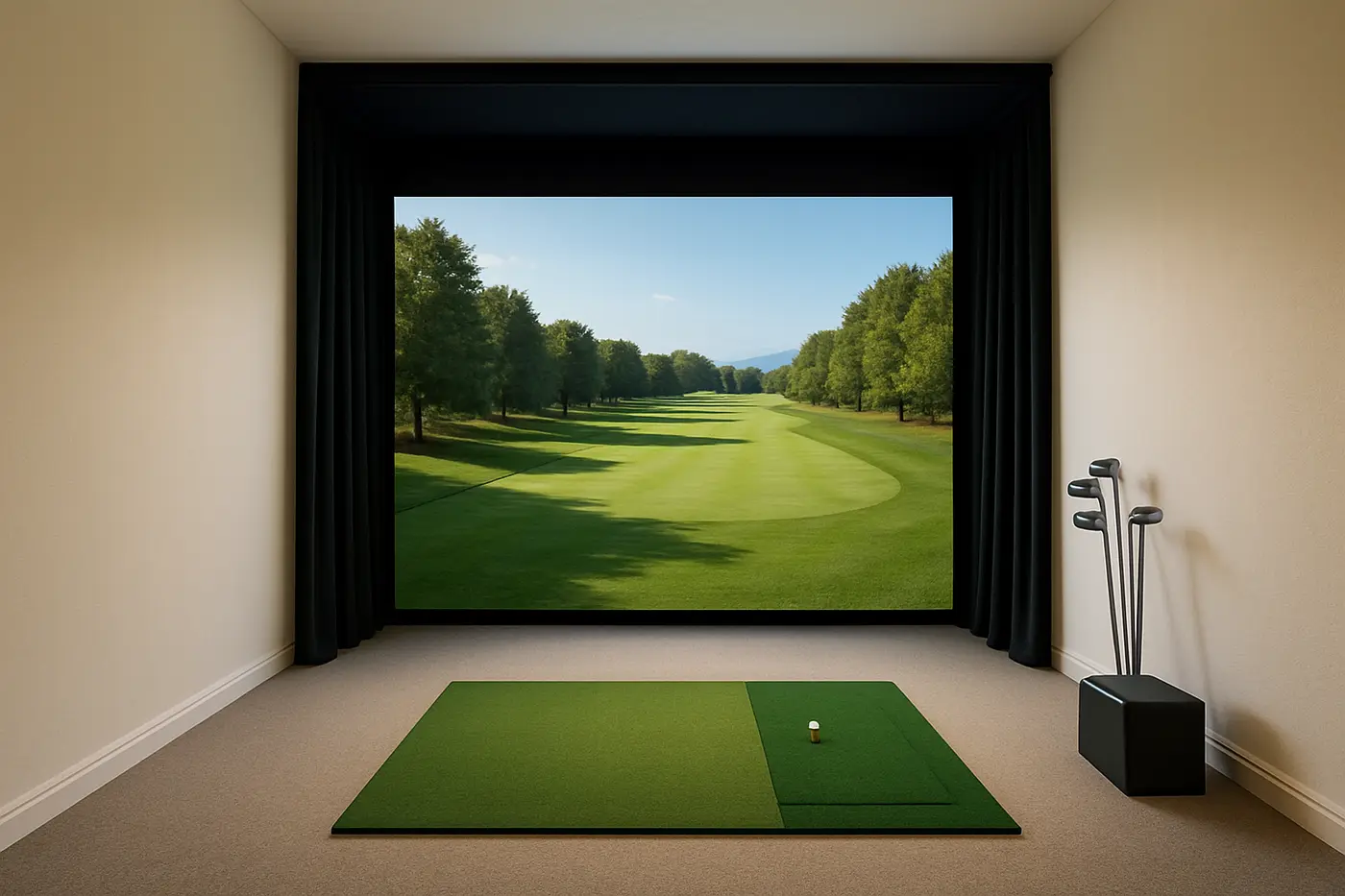 An indoor golf simulator room with a large screen